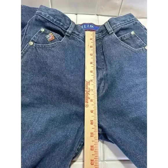 Posted Dark Blue Slim Straight Leg High Rise Jeans Sz 3/4 Waist 27 Wedge Pockets - Picture 4 of 11